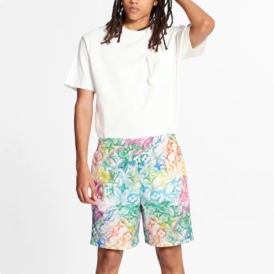 louis rainbow print logo shorts